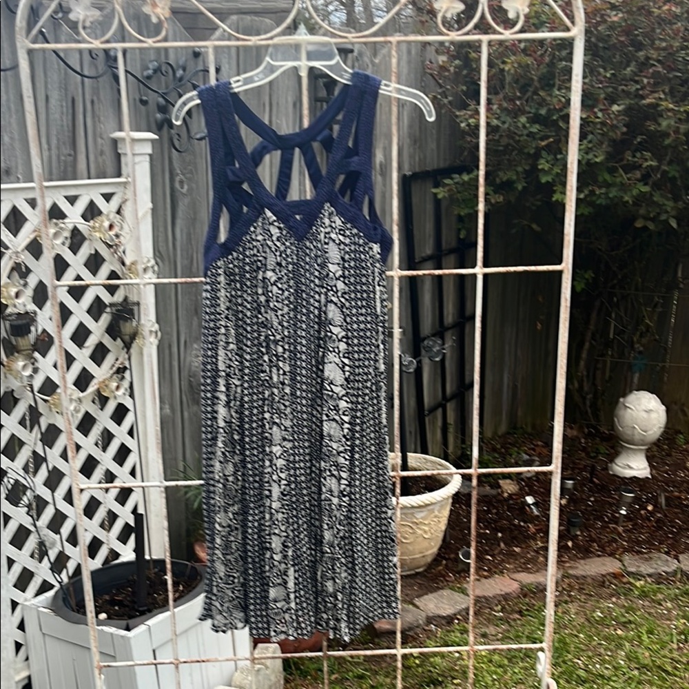 Navy and White Patterned Midi Dress